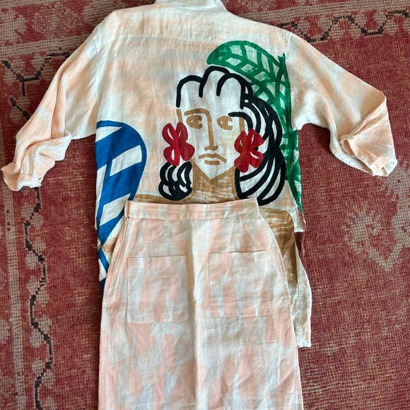 Jean Charles De Castelbajac Linen Painted Button Up Shirt and Skirt Set Size 0 - Picture 2 of 2
